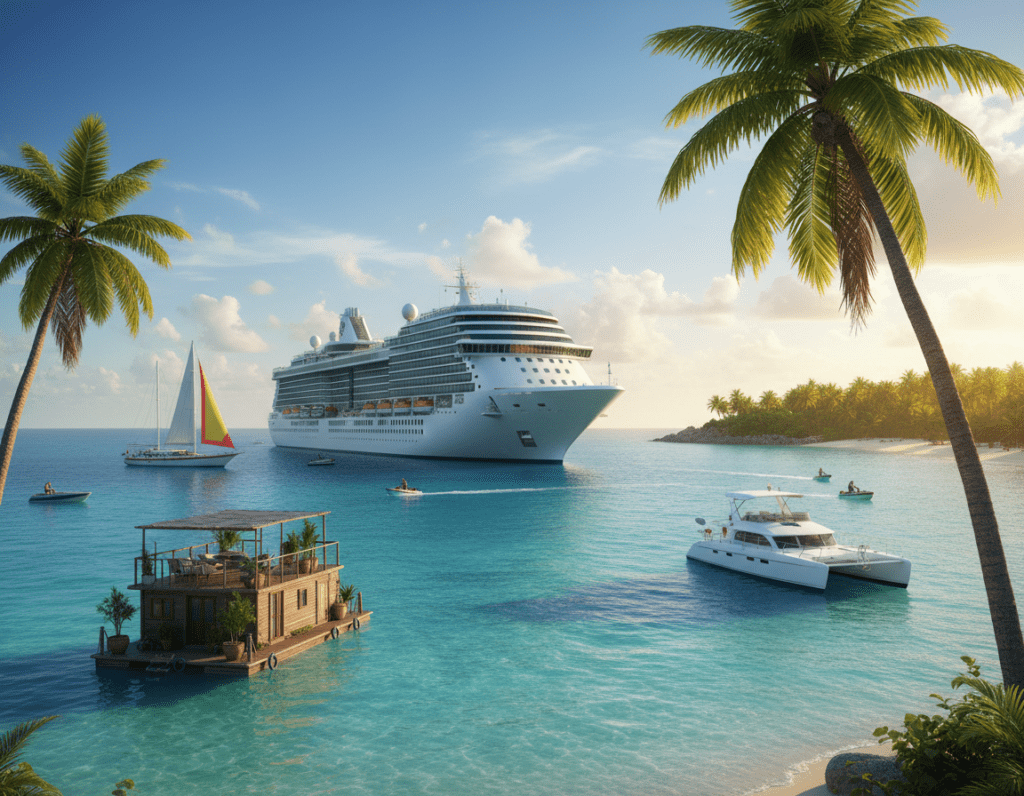 A beautiful coastal scene depicting a luxurious cruise ship in the foreground, anchored in crystal-clear turquoise waters. Surrounding the ship are various alternative travel options, including a vibrant sailing yacht, an elegant catamaran, and a cozy houseboat, showcasing diverse experiences. In the middle ground, palm trees sway gently in the warm sun, while small boats and jet skis glide by, adding to the lively atmosphere. The background features a stunning tropical island with lush greenery and soft sandy beaches under a bright blue sky filled with fluffy white clouds. The scene is bathed in golden hour lighting, creating a warm and inviting ambiance, evoking the thrill of exploring the sea without being permanently on board a cruise ship. The image should be inviting and evoke a sense of adventure and relaxation. A beautiful coastal scene depicting a luxurious cruise ship in the foreground, anchored in crystal-clear turquoise waters. Surrounding the ship are various alternative travel options, including a vibrant sailing yacht, an elegant catamaran, and a cozy houseboat, showcasing diverse experiences. In the middle ground, palm trees sway gently in the warm sun, while small boats and jet skis glide by, adding to the lively atmosphere. The background features a stunning tropical island with lush greenery and soft sandy beaches under a bright blue sky filled with fluffy white clouds. The scene is bathed in golden hour lighting, creating a warm and inviting ambiance, evoking the thrill of exploring the sea without being permanently on board a cruise ship. The image should be inviting and evoke a sense of adventure and relaxation.
