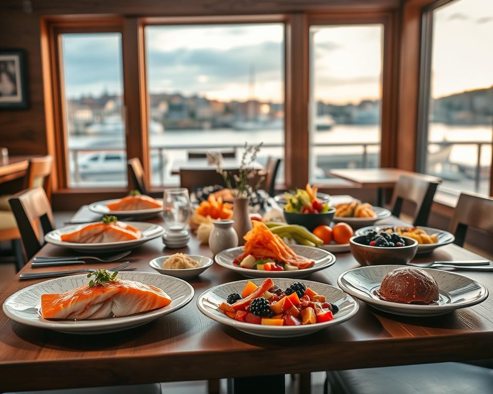 A beautifully arranged traditional Norwegian dining table in a cozy Oslo restaurant, showcasing an array of colorful dishes such as fresh salmon, reindeer stew, and cloudberry dessert. In the foreground, a wooden table set with rustic ceramic plates, decorative utensils, and a small vase of wildflowers. In the middle, a variety of vibrant, locally-sourced ingredients are artfully displayed, highlighting the rich textures and colors of Norwegian cuisine. In the background, large windows reveal a picturesque view of Oslo’s scenic waterfront, bathed in warm, natural light that creates an inviting atmosphere. The mood is warm and welcoming, reflecting the cultural richness of Norway's culinary heritage, captured with a soft focus lens and a slightly elevated angle for a comprehensive perspective. A beautifully arranged traditional Norwegian dining table in a cozy Oslo restaurant, showcasing an array of colorful dishes such as fresh salmon, reindeer stew, and cloudberry dessert. In the foreground, a wooden table set with rustic ceramic plates, decorative utensils, and a small vase of wildflowers. In the middle, a variety of vibrant, locally-sourced ingredients are artfully displayed, highlighting the rich textures and colors of Norwegian cuisine. In the background, large windows reveal a picturesque view of Oslo’s scenic waterfront, bathed in warm, natural light that creates an inviting atmosphere. The mood is warm and welcoming, reflecting the cultural richness of Norway's culinary heritage, captured with a soft focus lens and a slightly elevated angle for a comprehensive perspective.