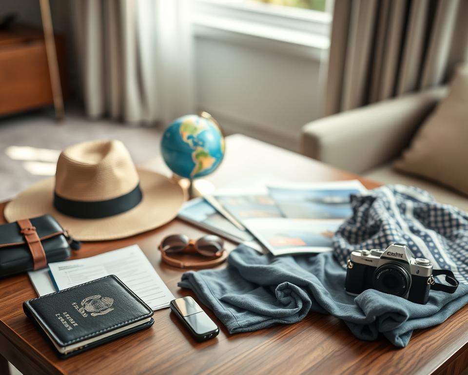 A beautifully organized packing checklist for a solo cruise trip, spread out on a stylish wooden table. In the foreground, neatly arranged items like a passport holder, a sun hat, a travel-sized toiletries kit, stylish yet comfortable travel attire, and a camera for capturing moments. The middle section features a small globe and cruise brochures, hinting at exciting destinations. In the background, soft, natural light filters through a nearby window, creating a warm and welcoming atmosphere. A subtle bokeh effect gives the image depth while focusing on the packing essentials. The overall mood is calm, inspiring wanderlust and careful planning for a stress-free travel experience.