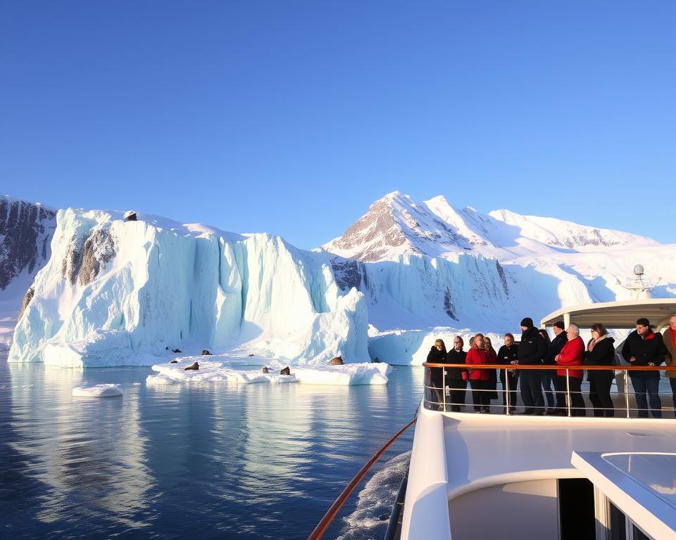 A breathtaking Arctic landscape showcasing a serene moment on a Spitzbergen cruise. In the foreground, a small, elegant cruise ship with passengers dressed in warm, professional outdoor attire is admiring the stunning icy fjords. The middle ground features towering cliffs of glistening ice and snow, dotted with playful seals basking under the soft glow of the Arctic sun. In the background, majestic mountains rise against a clear blue sky, adding depth to the scene. The lighting is soft and diffused, indicative of late afternoon, creating a tranquil atmosphere. Captured with a wide-angle lens to emphasize the vastness of the Arctic scenery, this image perfectly conveys the allure and expense of a Spitzbergen cruise adventure.