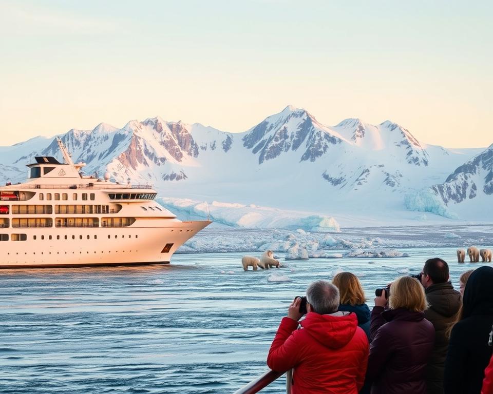 A breathtaking Arctic scene showcasing a Spitzbergen cruise adventure. In the foreground, a majestic expedition ship navigates through icy waters, its hull reflecting the soft glow of twilight. Passengers in lightweight jackets, binoculars in hand, gaze at the stunning landscape. In the middle ground, towering glaciers and rugged, snow-capped mountains rise dramatically against a pastel sky. Sea ice floats gently nearby, while a group of inquisitive polar bears can be seen in the distance, accentuating the wild beauty of this remote region. The lighting is warm and inviting, creating a serene, adventurous atmosphere. Capture this scene from a slightly elevated angle, providing a panoramic view that immerses the viewer in the raw, untouched beauty of the Arctic wilderness.