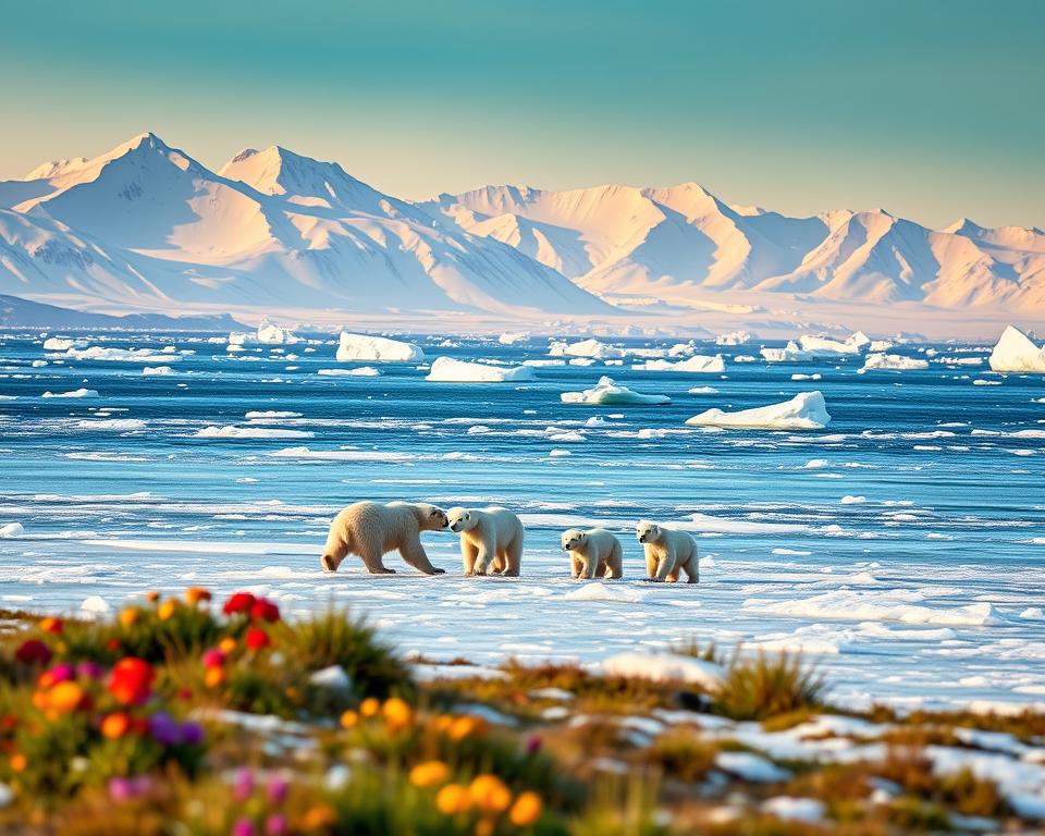 A breathtaking depiction of Arctic wildlife in Spitzbergen, showcasing a polar bear and her cubs playfully navigating an icy landscape dotted with shimmering glaciers. In the foreground, include patches of colorful Arctic flowers and tufts of grass. The middle ground should feature a serene, frozen sea with drifting ice floes, creating a stark contrast against the vibrant wildlife. In the background, majestic snow-capped mountains basking in the soft glow of the Arctic sun illuminate the scene with a gentle, golden light, suggesting warmth despite the chill. Capture the essence of tranquility, highlighting the close-knit bond of the polar bear family and the raw beauty of their environment, evoking a sense of wonder and respect for nature. Aim for a wide-angle perspective to encapsulate the expanse of this enchanting wilderness.