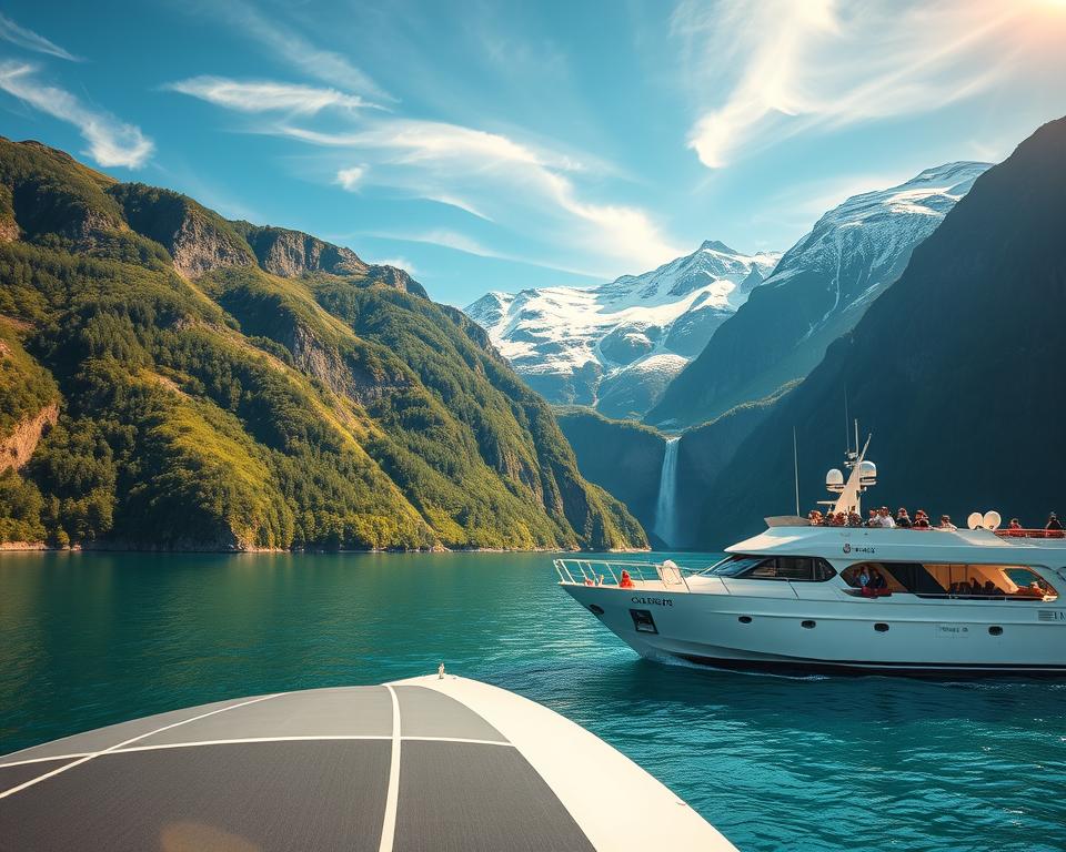 A breathtaking view of Geirangerfjord during a scenic cruise. In the foreground, a luxurious cruise ship gently glides across the crystal-clear waters, its sleek design reflecting the soft afternoon sunlight. In the middle ground, steep cliffs rise majestically, covered with lush green forests and dotted with cascading waterfalls that spill into the fjord. Sailors on the ship enjoy the view, dressed in smart casual clothing. In the background, dramatic snow-capped mountains tower under a bright blue sky, with wispy clouds casting shadows on the landscape. The lighting is warm and inviting, creating a serene atmosphere that captures the essence of Norway's majestic natural beauty. The angle is a wide shot, emphasizing the fjord's vastness and the spectacle of Norway's stunning coastline. A breathtaking view of Geirangerfjord during a scenic cruise. In the foreground, a luxurious cruise ship gently glides across the crystal-clear waters, its sleek design reflecting the soft afternoon sunlight. In the middle ground, steep cliffs rise majestically, covered with lush green forests and dotted with cascading waterfalls that spill into the fjord. Sailors on the ship enjoy the view, dressed in smart casual clothing. In the background, dramatic snow-capped mountains tower under a bright blue sky, with wispy clouds casting shadows on the landscape. The lighting is warm and inviting, creating a serene atmosphere that captures the essence of Norway's majestic natural beauty. The angle is a wide shot, emphasizing the fjord's vastness and the spectacle of Norway's stunning coastline.