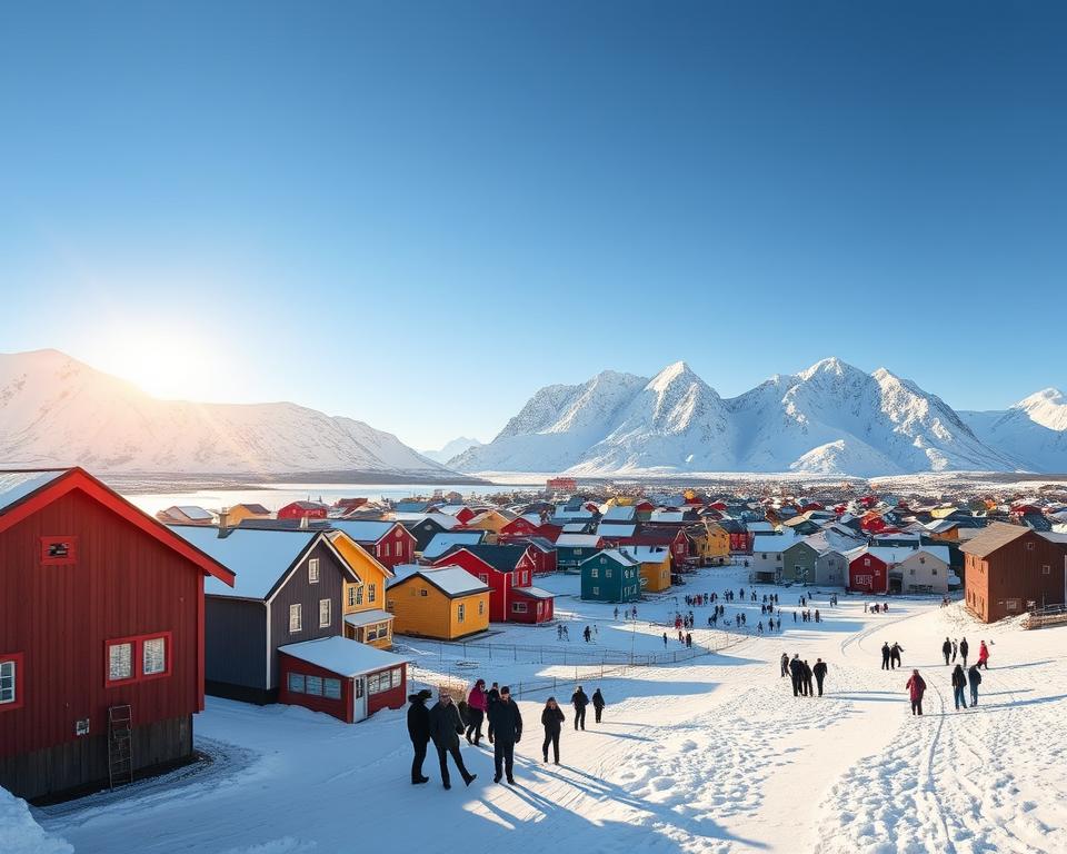 A breathtaking view of Longyearbyen, nestled between snow-capped mountains under a clear blue sky. In the foreground, vibrant colored wooden houses reflect the quaint charm of this Arctic town, with some adorned with traditional designs. In the middle ground, the town bustles with well-dressed tourists and locals engaging in winter activities, showcasing a friendly yet adventurous atmosphere. Snow-covered terrain stretches into the backdrop, where majestic peaks tower over the scene, hinting at the rugged beauty of Spitzbergen. Warm, soft lighting from a low sun casts gentle shadows, creating a serene and inviting mood. Capture this image with a slight wide-angle perspective to encompass both the intricate details of the town and the grandeur of the surrounding landscape.