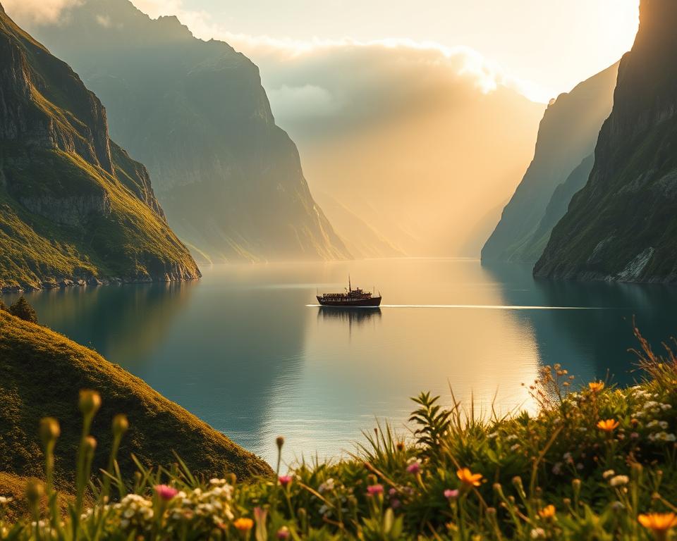 A breathtaking view of Norway's majestic fjords, featuring towering cliffs and serene waters. In the foreground, include lush green hills and scattered wildflowers, creating a vibrant contrast to the calming blue of the water. In the middle ground, depict a traditional Norwegian wooden boat gliding peacefully across the fjord. In the background, show steep, rocky cliffs rising dramatically, partially shrouded in mist, giving a sense of mystery and depth. The lighting should be soft and golden, suggesting either dawn or dusk, casting gentle reflections on the water's surface. The mood is tranquil and awe-inspiring, inviting viewers to imagine themselves on a cruise through this stunning landscape. A breathtaking view of Norway's majestic fjords, featuring towering cliffs and serene waters. In the foreground, include lush green hills and scattered wildflowers, creating a vibrant contrast to the calming blue of the water. In the middle ground, depict a traditional Norwegian wooden boat gliding peacefully across the fjord. In the background, show steep, rocky cliffs rising dramatically, partially shrouded in mist, giving a sense of mystery and depth. The lighting should be soft and golden, suggesting either dawn or dusk, casting gentle reflections on the water's surface. The mood is tranquil and awe-inspiring, inviting viewers to imagine themselves on a cruise through this stunning landscape.