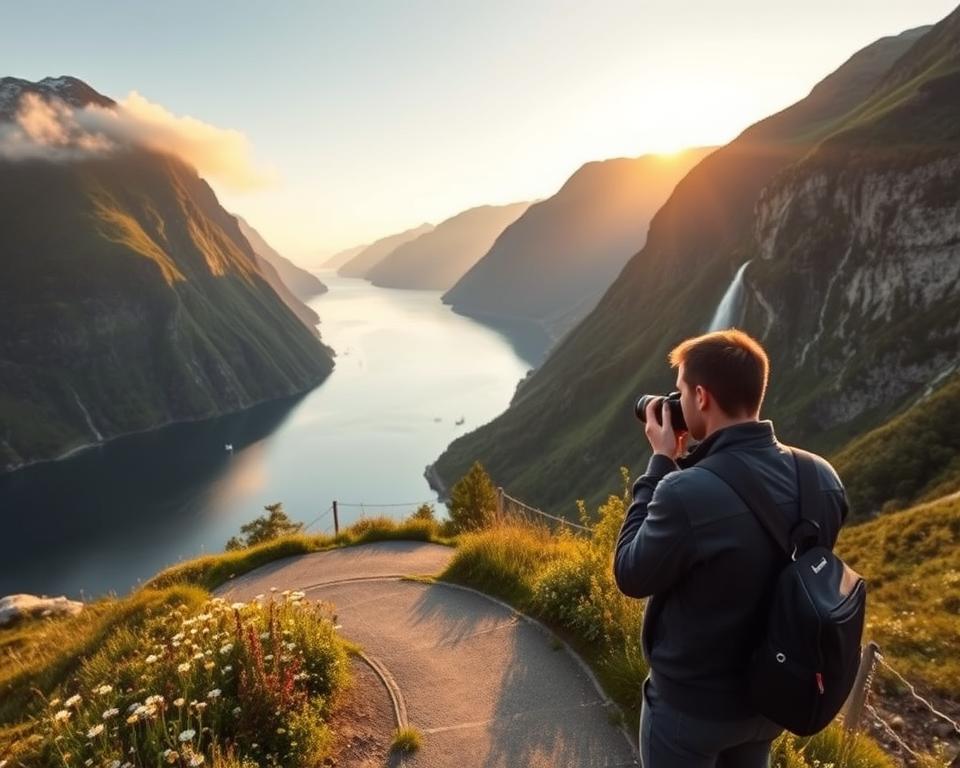 A breathtaking view of a Norwegian fjord during the golden hour, with dramatic mountains rising steeply on either side, their peaks partially shrouded in mist. In the foreground, a winding pathway bordered by wildflowers leads to an overlook, where a professional photographer in smart casual attire is capturing images. The middle ground features the calm, reflective waters of the fjord, dotted with small boats. The background showcases majestic cliffs with lush greenery and cascading waterfalls, illuminated by the warm glow of the setting sun. Soft, diffused lighting enhances the serene atmosphere, while a wide-angle perspective captures the grandeur of the landscape. The mood is tranquil and inspiring, inviting viewers to explore the beauty of Norway's fjords. A breathtaking view of a Norwegian fjord during the golden hour, with dramatic mountains rising steeply on either side, their peaks partially shrouded in mist. In the foreground, a winding pathway bordered by wildflowers leads to an overlook, where a professional photographer in smart casual attire is capturing images. The middle ground features the calm, reflective waters of the fjord, dotted with small boats. The background showcases majestic cliffs with lush greenery and cascading waterfalls, illuminated by the warm glow of the setting sun. Soft, diffused lighting enhances the serene atmosphere, while a wide-angle perspective captures the grandeur of the landscape. The mood is tranquil and inspiring, inviting viewers to explore the beauty of Norway's fjords.