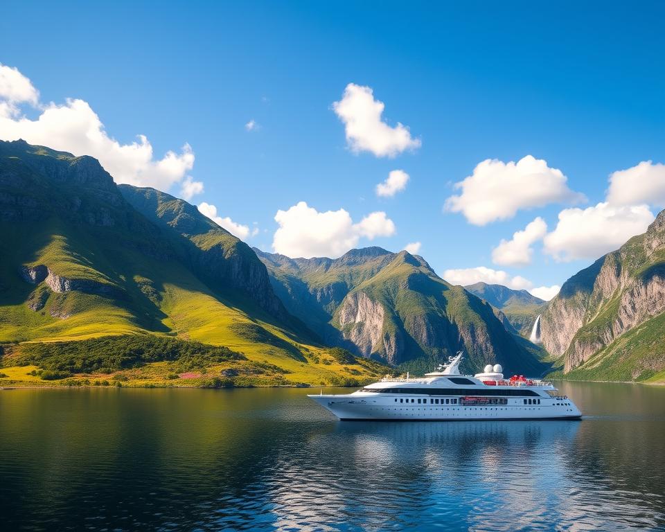 A breathtaking view of the Norwegian fjords under a clear blue sky, showcasing majestic mountains rising steeply from tranquil waters. In the foreground, a luxurious cruise ship with elegant, modern design glides smoothly through the calm, reflective surface of the fjord, highlighting the adventure of a dream cruise. The middle ground features lush green hills interspersed with vibrant wildflowers, while the background reveals towering cliffs dotted with waterfalls cascading down into the sea, creating a picturesque landscape. Soft, warm sunlight filters through scattered clouds, casting a gentle glow over the scene, evoking a sense of serenity and excitement for travelers. The image captures the essence of exploring Norway's natural beauty, inviting viewers to envision the perfect time for a fjord cruise adventure. A breathtaking view of the Norwegian fjords under a clear blue sky, showcasing majestic mountains rising steeply from tranquil waters. In the foreground, a luxurious cruise ship with elegant, modern design glides smoothly through the calm, reflective surface of the fjord, highlighting the adventure of a dream cruise. The middle ground features lush green hills interspersed with vibrant wildflowers, while the background reveals towering cliffs dotted with waterfalls cascading down into the sea, creating a picturesque landscape. Soft, warm sunlight filters through scattered clouds, casting a gentle glow over the scene, evoking a sense of serenity and excitement for travelers. The image captures the essence of exploring Norway's natural beauty, inviting viewers to envision the perfect time for a fjord cruise adventure.