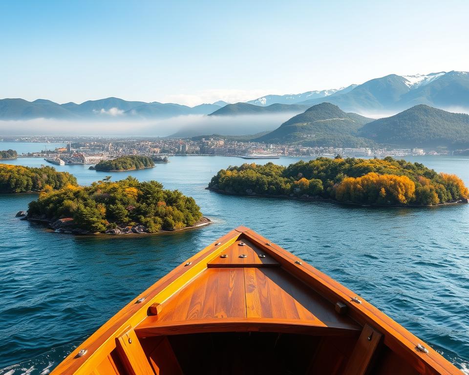 A breathtaking view of the Oslofjord, showcasing a serene and picturesque landscape. In the foreground, a wooden boat gently glides through crystal-clear waters, with sunlight glinting off the surface. Nearby, lush green islands dot the water, framed by vibrant wildflowers on their shores. The middle ground features a panoramic view of the charming city of Oslo, with its distinctive architecture blending harmoniously with the natural scenery. Majestic hills rise in the background, partially shrouded in soft morning mist, creating an ethereal atmosphere. The scene is bathed in warm golden hour lighting, emphasizing the peacefulness and beauty of nature right at the city's doorstep. Capture the essence of tranquility and adventure, inviting viewers to experience the Oslofjord. A breathtaking view of the Oslofjord, showcasing a serene and picturesque landscape. In the foreground, a wooden boat gently glides through crystal-clear waters, with sunlight glinting off the surface. Nearby, lush green islands dot the water, framed by vibrant wildflowers on their shores. The middle ground features a panoramic view of the charming city of Oslo, with its distinctive architecture blending harmoniously with the natural scenery. Majestic hills rise in the background, partially shrouded in soft morning mist, creating an ethereal atmosphere. The scene is bathed in warm golden hour lighting, emphasizing the peacefulness and beauty of nature right at the city's doorstep. Capture the essence of tranquility and adventure, inviting viewers to experience the Oslofjord.