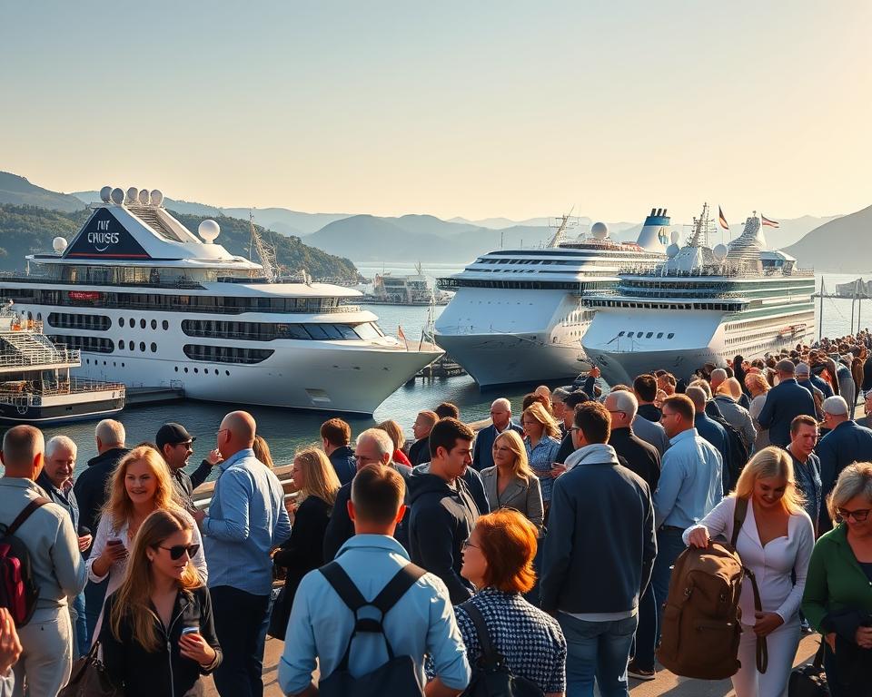 A bustling cruise departure harbor in Germany, showcasing modern cruise ships poised for adventure. In the foreground, a diverse group of travelers dressed in smart casual clothing, excitedly checking their itineraries and preparing to board. The middle ground features sleek cruise liners adorned with flags, ready to set sail to Norway's stunning fjords. The background reveals a picturesque harbor setting with charming buildings, lush greenery, and the distant silhouette of rolling hills under a bright, sunny sky. The lighting is warm and inviting, capturing the optimism of a new journey. The scene conveys a sense of anticipation and the joyful spirit of travel, with a serene atmosphere that promises a delightful experience ahead, ensuring a stress-free getaway. A bustling cruise departure harbor in Germany, showcasing modern cruise ships poised for adventure. In the foreground, a diverse group of travelers dressed in smart casual clothing, excitedly checking their itineraries and preparing to board. The middle ground features sleek cruise liners adorned with flags, ready to set sail to Norway's stunning fjords. The background reveals a picturesque harbor setting with charming buildings, lush greenery, and the distant silhouette of rolling hills under a bright, sunny sky. The lighting is warm and inviting, capturing the optimism of a new journey. The scene conveys a sense of anticipation and the joyful spirit of travel, with a serene atmosphere that promises a delightful experience ahead, ensuring a stress-free getaway.