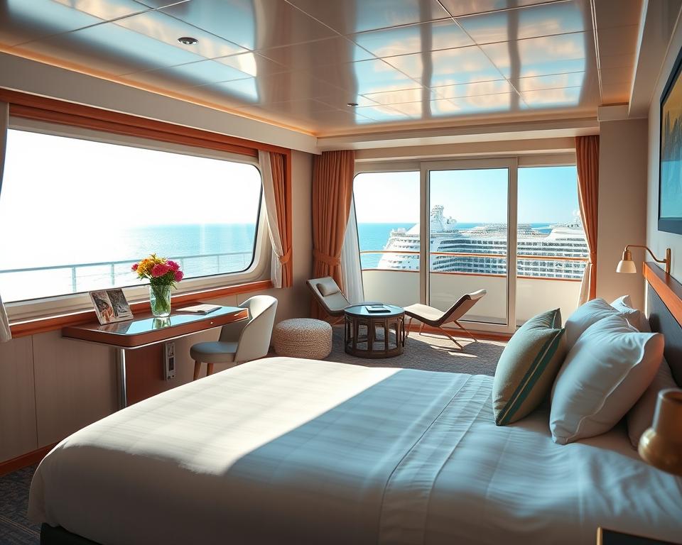 A cozy, elegant single cabin on a luxury cruise ship, thoughtfully arranged with a comfortable bed, modern decor, and large ocean-view windows that let in soft, warm sunlight. In the foreground, a neatly made bed with plush pillows, and a small writing desk adorned with travel books and a fresh flower vase. In the middle ground, an inviting seating area with stylish lounge chairs and a small table, perfect for relaxing. The background features the pristine ocean, shimmering under a clear blue sky, and distant cruise ship amenities visible outside the window. The atmosphere is tranquil and welcoming, highlighting the opportunity for solo travelers to enjoy personal space and luxury. The scene is bright, with natural lighting illuminating the cabin’s soft colors and inviting textures.