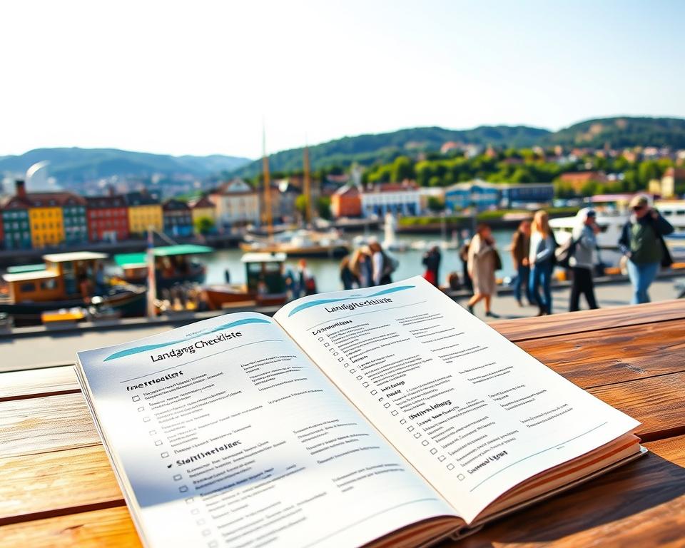 A detailed Landgang Checkliste set against the vibrant backdrop of Oslo's bustling harbor. In the foreground, a beautifully designed, open checklist booklet with distinct sections like "Essentials", "Safety", and "Sightseeing" clearly visible, resting on a wooden table. In the middle, a scenic view of Oslo's iconic waterfront, featuring colorful buildings, classic wooden ships, and people in modest casual clothing exploring the area, adding life to the scene. The background showcases the majestic green hills and the distant silhouette of the Oslo Opera House under a bright blue sky. Bright, natural lighting enhances the appeal, creating a welcoming and adventurous atmosphere. The camera angle is slightly above eye level, providing a comprehensive view that highlights both the checklist and the vibrant setting. A detailed Landgang Checkliste set against the vibrant backdrop of Oslo's bustling harbor. In the foreground, a beautifully designed, open checklist booklet with distinct sections like "Essentials", "Safety", and "Sightseeing" clearly visible, resting on a wooden table. In the middle, a scenic view of Oslo's iconic waterfront, featuring colorful buildings, classic wooden ships, and people in modest casual clothing exploring the area, adding life to the scene. The background showcases the majestic green hills and the distant silhouette of the Oslo Opera House under a bright blue sky. Bright, natural lighting enhances the appeal, creating a welcoming and adventurous atmosphere. The camera angle is slightly above eye level, providing a comprehensive view that highlights both the checklist and the vibrant setting.