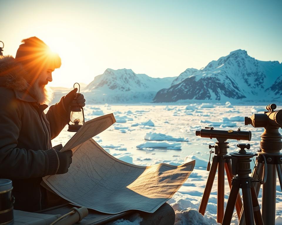 A historical scene depicting the exploration of Spitsbergen in the Arctic. In the foreground, a rugged explorer dressed in professional winter attire examines an old map by the light of a lantern, surrounded by vintage exploration equipment like compasses and telescopes. In the middle ground, a majestic ice-covered landscape stretches across the scene, with towering glaciers and icebergs reflecting the soft, golden light of a low Arctic sun. In the background, snow-capped mountains rise under a clear blue sky, enhancing the sense of isolation and adventure. The atmosphere feels both awe-inspiring and serene, capturing the spirit of discovery in this remote part of the world. The image is composed using a wide-angle lens to showcase the vastness of the landscape, with a warm tone to evoke nostalgia for early Arctic explorers.
