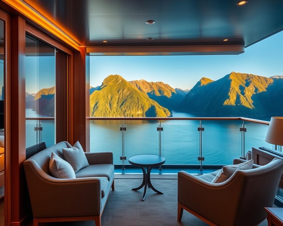 A luxurious balcony cabin on a Norwegian cruise ship, showcasing elegant wood paneling and modern furnishings. In the foreground, a cozy seating area with plush armchairs and a small table perfectly positioned to enjoy the breathtaking fjord views. The middle ground reveals the open balcony, adorned with a stylish glass railing, allowing unobstructed scenery of the scenic coastline. Lush green mountains rise majestically in the background under a clear blue sky, casting soft reflections on the water's surface. The lighting is warm and inviting, suggesting early evening relaxation with a golden sunset hue. The overall atmosphere is tranquil and sophisticated, evoking a sense of comfort and tranquility aboard the cruise. A luxurious balcony cabin on a Norwegian cruise ship, showcasing elegant wood paneling and modern furnishings. In the foreground, a cozy seating area with plush armchairs and a small table perfectly positioned to enjoy the breathtaking fjord views. The middle ground reveals the open balcony, adorned with a stylish glass railing, allowing unobstructed scenery of the scenic coastline. Lush green mountains rise majestically in the background under a clear blue sky, casting soft reflections on the water's surface. The lighting is warm and inviting, suggesting early evening relaxation with a golden sunset hue. The overall atmosphere is tranquil and sophisticated, evoking a sense of comfort and tranquility aboard the cruise.