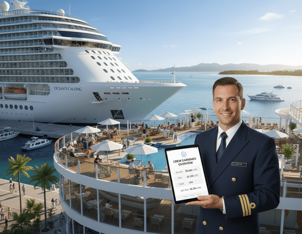 A luxurious cruise ship docked in a vibrant harbor, showcasing its impressive amenities and bustling atmosphere. In the foreground, a smartly dressed crew member in professional attire stands with a welcoming smile, holding a tablet displaying earnings, tips, and tax information related to cruise ship jobs. In the middle ground, guests enjoying the ship's facilities, including outdoor dining and leisure activities, with the ship’s elegant architecture in focus. The background features a clear blue sky and distant islands, enhancing the vacation vibe. Bright, natural lighting illuminates the scene, creating a warm and inviting atmosphere. The angle captures the scale of the ship while maintaining a sense of intimacy, ideal for conveying the financial aspects of working on a cruise ship. A luxurious cruise ship docked in a vibrant harbor, showcasing its impressive amenities and bustling atmosphere. In the foreground, a smartly dressed crew member in professional attire stands with a welcoming smile, holding a tablet displaying earnings, tips, and tax information related to cruise ship jobs. In the middle ground, guests enjoying the ship's facilities, including outdoor dining and leisure activities, with the ship’s elegant architecture in focus. The background features a clear blue sky and distant islands, enhancing the vacation vibe. Bright, natural lighting illuminates the scene, creating a warm and inviting atmosphere. The angle captures the scale of the ship while maintaining a sense of intimacy, ideal for conveying the financial aspects of working on a cruise ship.