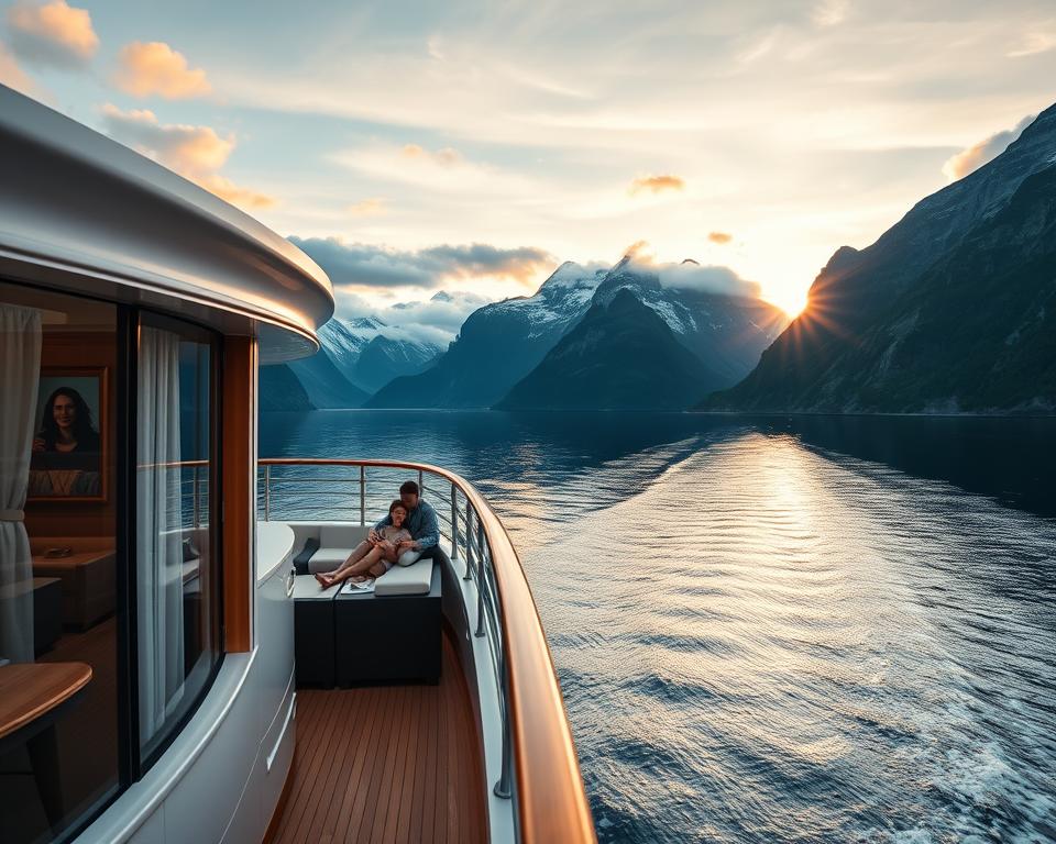 A luxurious cruise ship gracefully gliding through the serene waters of a Norwegian fjord, with majestic mountains rising in the background, their peaks partially enveloped in wispy clouds. In the foreground, a beautifully designed cabin balcony showcases elegant furniture and a breathtaking view. Soft, natural lighting bathes the scene, creating a calm and inviting atmosphere. The ship's deck features passengers in smart casual attire, enjoying the stunning scenery. The angle captures the ship's impressive size while emphasizing the tranquility of the surrounding nature. A gentle ripple in the water reflects the vibrant colors of the sunset, enhancing the sense of comfort and relaxation on board. A luxurious cruise ship gracefully gliding through the serene waters of a Norwegian fjord, with majestic mountains rising in the background, their peaks partially enveloped in wispy clouds. In the foreground, a beautifully designed cabin balcony showcases elegant furniture and a breathtaking view. Soft, natural lighting bathes the scene, creating a calm and inviting atmosphere. The ship's deck features passengers in smart casual attire, enjoying the stunning scenery. The angle captures the ship's impressive size while emphasizing the tranquility of the surrounding nature. A gentle ripple in the water reflects the vibrant colors of the sunset, enhancing the sense of comfort and relaxation on board.