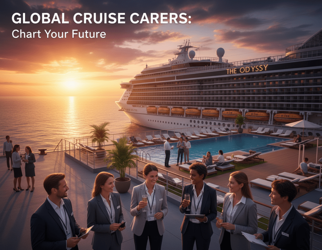 A majestic cruise ship docked at a vibrant port during sunset, casting a warm golden hue over the scene. In the foreground, a diverse group of professional crew members in smart business attire is engaged in discussions and teamwork, showcasing collaboration and career advancement. The middle ground features the luxurious deck of the cruise ship with comfortable lounging areas and well-maintained facilities, highlighting the life on board. The background displays the silhouette of the ship against a colorful sky filled with dramatic clouds, conveying a sense of adventure and opportunity. The atmosphere is optimistic and hopeful, reflecting the theme of career growth and long-term benefits of working on a cruise ship. The composition captures the grandeur of the ship and the community among the crew, emphasizing professionalism and ambition. A majestic cruise ship docked at a vibrant port during sunset, casting a warm golden hue over the scene. In the foreground, a diverse group of professional crew members in smart business attire is engaged in discussions and teamwork, showcasing collaboration and career advancement. The middle ground features the luxurious deck of the cruise ship with comfortable lounging areas and well-maintained facilities, highlighting the life on board. The background displays the silhouette of the ship against a colorful sky filled with dramatic clouds, conveying a sense of adventure and opportunity. The atmosphere is optimistic and hopeful, reflecting the theme of career growth and long-term benefits of working on a cruise ship. The composition captures the grandeur of the ship and the community among the crew, emphasizing professionalism and ambition.
