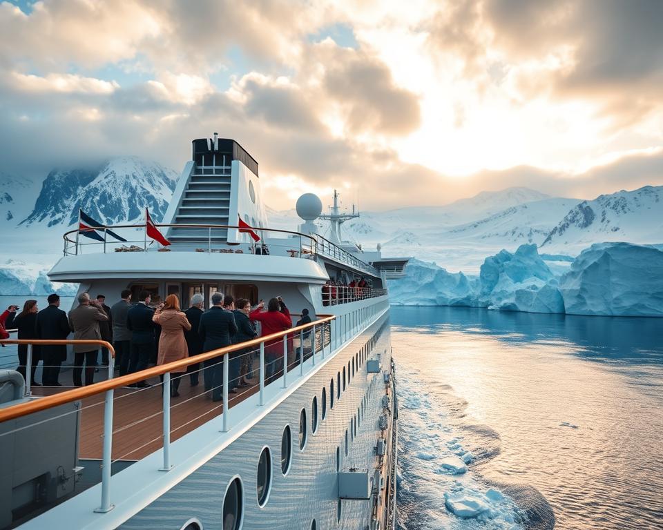 A majestic cruise ship navigating through the icy waters of Spitsbergen, surrounded by towering glaciers and rugged snow-capped mountains in the background. The ship's deck is lined with well-dressed travelers observing the stunning Arctic landscape, wrapped in warm clothing, capturing the moment with their cameras. Soft, golden sunlight filters through the clouds, casting a serene glow over the scene, enhancing the brilliant blues of the ice and water. The composition should feature a wide-angle perspective that captures both the grandeur of the ship and the expansive Arctic surroundings. The mood is adventurous yet peaceful, inviting viewers to experience the beauty of a Spitzbergen cruise.