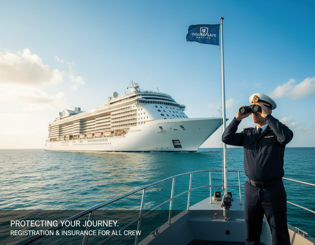 A majestic cruise ship sailing smoothly through azure waters, with a prominent insurance flag raised atop its mast, fluttering in the breeze. In the foreground, a professional crew member dressed in smart attire surveys the horizon, symbolizing diligence and preparedness. The middle ground features the ship’s sleek design and elegant lines, showcasing its size and luxury. The background captures a bright, clear sky with soft clouds, enhancing the feeling of safety and adventure at sea. The scene is illuminated by warm sunlight, creating a welcoming atmosphere. The image conveys a sense of assurance and professionalism associated with maritime employment, emphasizing the importance of insurance and registration for crew members. A majestic cruise ship sailing smoothly through azure waters, with a prominent insurance flag raised atop its mast, fluttering in the breeze. In the foreground, a professional crew member dressed in smart attire surveys the horizon, symbolizing diligence and preparedness. The middle ground features the ship’s sleek design and elegant lines, showcasing its size and luxury. The background captures a bright, clear sky with soft clouds, enhancing the feeling of safety and adventure at sea. The scene is illuminated by warm sunlight, creating a welcoming atmosphere. The image conveys a sense of assurance and professionalism associated with maritime employment, emphasizing the importance of insurance and registration for crew members.