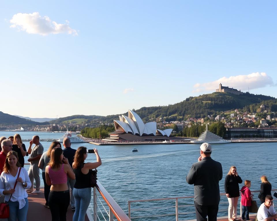 A panoramic view of Oslo's iconic landmarks as seen from a cruise ship in the Oslo Fjord. In the foreground, the deck of the ship with people in casual clothing enjoying the moment, taking photos of the scenery. In the middle ground, the stunning Opera House with its striking angular architecture, surrounded by the vibrant waterfront, and a few art installations. The background features the green hills and forests of the city, along with the historic Akershus Fortress perched on a hill. The lighting captures the warm glow of a late afternoon sun, casting a golden hue across the scene, while a few fluffy clouds dot the sky. The mood is peaceful and inviting, showcasing Oslo as a perfect travel destination.