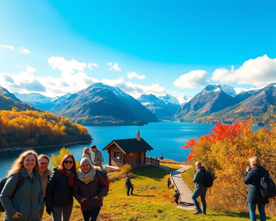 A picturesque day trip scene from Oslo, showcasing a variety of scenic landscapes and attractions. In the foreground, a small group of tourists dressed in casual outdoor clothing is happily taking photographs near a serene fjord with crystal-clear water. The middle ground features a charming wooden cabin surrounded by lush greenery, with a small hiking trail winding through vibrant autumn foliage. In the background, majestic snow-capped mountains rise under a bright blue sky, accented by soft, fluffy clouds. The sunlight bathes the scene in warm, golden tones, creating a vibrant and inviting atmosphere. The angle captures both the tourists' joy and the breathtaking natural beauty of Norway, inspiring feelings of adventure and exploration. A picturesque day trip scene from Oslo, showcasing a variety of scenic landscapes and attractions. In the foreground, a small group of tourists dressed in casual outdoor clothing is happily taking photographs near a serene fjord with crystal-clear water. The middle ground features a charming wooden cabin surrounded by lush greenery, with a small hiking trail winding through vibrant autumn foliage. In the background, majestic snow-capped mountains rise under a bright blue sky, accented by soft, fluffy clouds. The sunlight bathes the scene in warm, golden tones, creating a vibrant and inviting atmosphere. The angle captures both the tourists' joy and the breathtaking natural beauty of Norway, inspiring feelings of adventure and exploration.
