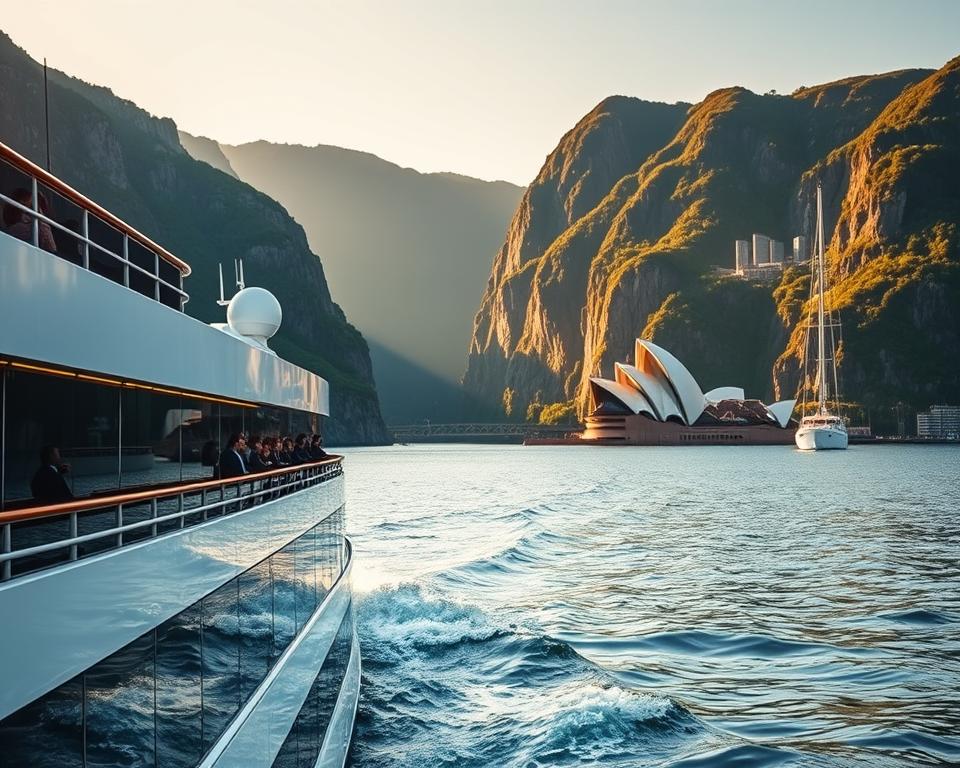 A picturesque view of a cruise ship navigating through the stunning fjords of Oslo, with dramatic cliffs and green hills in the background. The foreground features the sleek ship equipped with large windows and deck seating, showcasing passengers in professional business attire, enjoying the scenic journey. The middle ground highlights the glistening water reflecting the soft golden light of a sunset, with serene waves adding dynamic movement to the scene. In the background, iconic Oslo landmarks like the opera house and modern skyscrapers are visible against a clear sky. The overall mood is tranquil and adventurous, evoking a sense of exploration and wanderlust in this breathtaking Norwegian landscape. A picturesque view of a cruise ship navigating through the stunning fjords of Oslo, with dramatic cliffs and green hills in the background. The foreground features the sleek ship equipped with large windows and deck seating, showcasing passengers in professional business attire, enjoying the scenic journey. The middle ground highlights the glistening water reflecting the soft golden light of a sunset, with serene waves adding dynamic movement to the scene. In the background, iconic Oslo landmarks like the opera house and modern skyscrapers are visible against a clear sky. The overall mood is tranquil and adventurous, evoking a sense of exploration and wanderlust in this breathtaking Norwegian landscape.