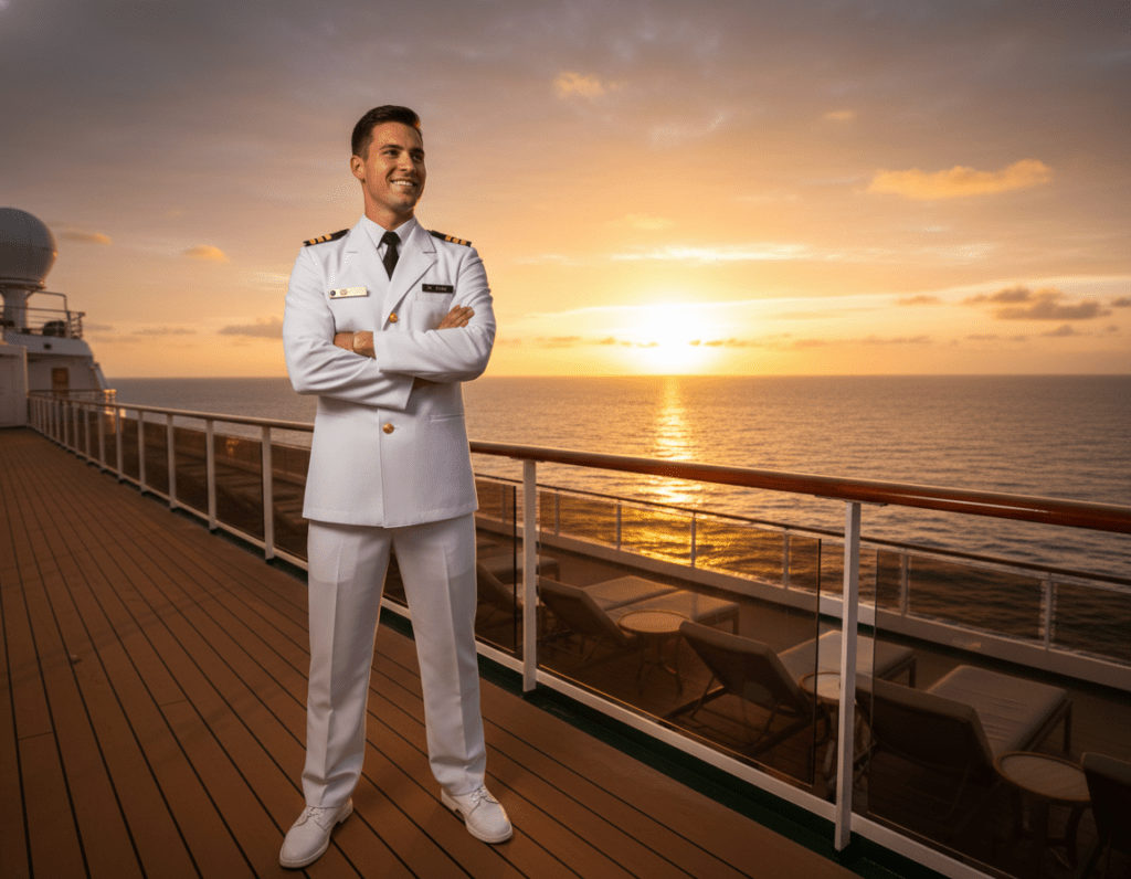 A professional crew member on a modern cruise ship, standing confidently on the deck with a beautiful ocean backdrop during a vibrant sunset. The foreground features the crew member in a crisp white uniform, showcasing the requirement for professionalism, while in the middle ground, the ship’s elegant railing and lounging areas suggest a welcoming atmosphere. The background reveals a panoramic view of the endless sea and a colorful horizon, creating a sense of adventure and opportunity. Soft golden lighting from the sunset casts warm reflections on the ship's surface, enhancing the mood of ambition and readiness. The shot is taken from a low angle to highlight the crew member's stature against the vastness of the ocean and sky, emphasizing the theme of qualifications and expectations for working on a cruise ship. A professional crew member on a modern cruise ship, standing confidently on the deck with a beautiful ocean backdrop during a vibrant sunset. The foreground features the crew member in a crisp white uniform, showcasing the requirement for professionalism, while in the middle ground, the ship’s elegant railing and lounging areas suggest a welcoming atmosphere. The background reveals a panoramic view of the endless sea and a colorful horizon, creating a sense of adventure and opportunity. Soft golden lighting from the sunset casts warm reflections on the ship's surface, enhancing the mood of ambition and readiness. The shot is taken from a low angle to highlight the crew member's stature against the vastness of the ocean and sky, emphasizing the theme of qualifications and expectations for working on a cruise ship.