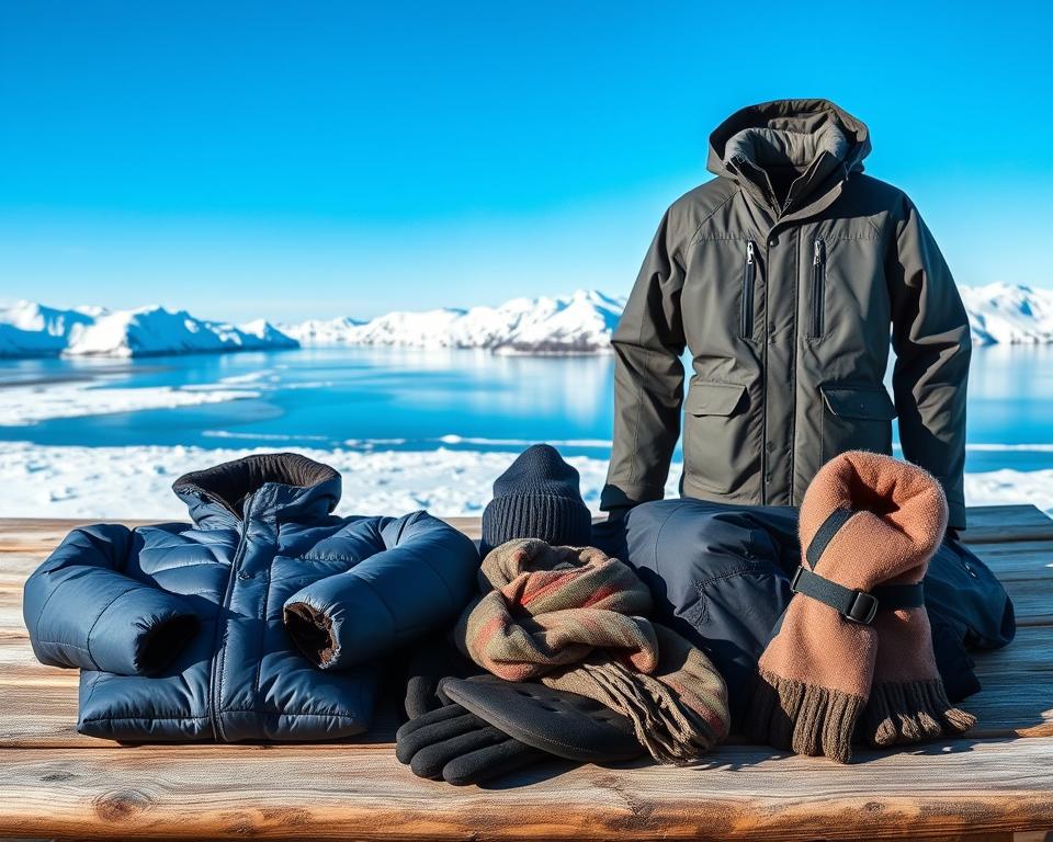 A scenic arrangement depicting essential clothing items for a Spitzbergen cruise, laid out on a rustic wooden surface. In the foreground, showcase warm layers like a thick insulated jacket, waterproof pants, and thermal gloves, all in a palette of deep blues and earthy grays. In the middle ground, include stylish winter hats and multifunctional scarves, neatly folded. The background features a breathtaking panorama of icy fjords and snow-capped mountains under a crisp blue sky, hinting at the cold Arctic environment. The lighting is bright and natural, evoking a chilly yet inviting atmosphere. Capture a sense of adventure and preparedness, combining functionality with a touch of elegance perfect for exploring the Arctic wilderness.