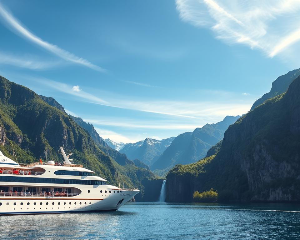 A scenic view of a luxurious cruise ship sailing through the breathtaking Norwegian fjords. In the foreground, depict the cruise ship, showcasing its elegant design and multiple decks, with guests enjoying the stunning view. In the middle ground, portray the majestic fjords, characterized by steep cliffs, picturesque waterfalls, and lush greenery cascading down to the water's edge. The background should feature rugged mountains under a clear blue sky, with soft, wispy clouds adding texture. Use natural lighting to create a bright and inviting atmosphere, casting gentle reflections on the calm water surface. Capture the serenity and beauty of the fjords, emphasizing a sense of adventure and tranquility. Render the scene from a slightly elevated angle for a captivating perspective. A scenic view of a luxurious cruise ship sailing through the breathtaking Norwegian fjords. In the foreground, depict the cruise ship, showcasing its elegant design and multiple decks, with guests enjoying the stunning view. In the middle ground, portray the majestic fjords, characterized by steep cliffs, picturesque waterfalls, and lush greenery cascading down to the water's edge. The background should feature rugged mountains under a clear blue sky, with soft, wispy clouds adding texture. Use natural lighting to create a bright and inviting atmosphere, casting gentle reflections on the calm water surface. Capture the serenity and beauty of the fjords, emphasizing a sense of adventure and tranquility. Render the scene from a slightly elevated angle for a captivating perspective.