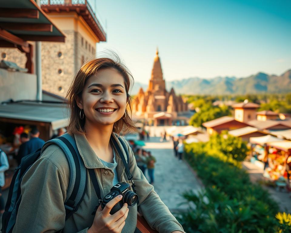 A scenic view of a solo traveler enjoying a vibrant land excursion on a sunny day, highlighting the essence of exploration and adventure. In the foreground, a smiling person in comfortable casual clothing, holding a camera, gazes at a stunning historical landmark. In the middle ground, local cultural elements such as traditional architecture, street vendors, and lively market stalls create a dynamic atmosphere. In the background, lush greenery and distant mountains frame the scene, suggesting the richness of nature. The image is brightly lit by golden sunlight, emphasizing warmth and friendliness, with a slight depth of field effect to draw focus to the traveler. The overall mood is joyful and inviting, encapsulating the excitement of solo travel experiences.