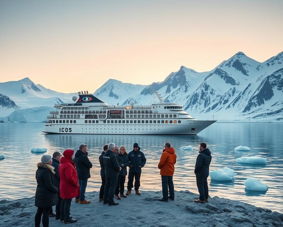 A serene Arctic landscape featuring a modern cruise ship anchored in the icy waters of Spitsbergen, surrounded by majestic glaciers and snow-capped mountains. In the foreground, a group of well-dressed travelers in professional winter attire engages in a safety briefing led by a uniformed crew member, emphasizing health protocols and safety measures. The middle ground captures small icebergs floating in the clear blue water, while the background showcases dramatic, rugged peaks under a soft, golden Arctic sunset, casting a warm glow on the scene. The atmosphere is calm and inviting, yet professional, conveying a sense of adventure balanced with safety awareness. Use soft lighting to enhance the tranquil mood, with a slightly wide-angle view to encompass both the ship and the stunning surroundings.