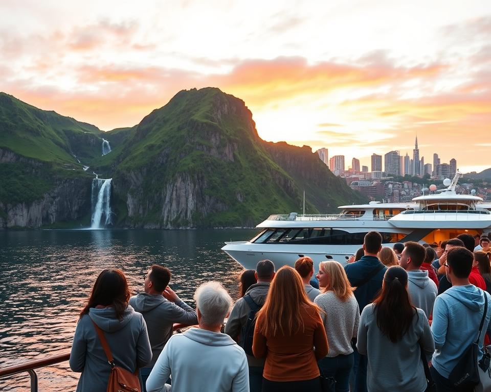 A serene cruise scene in Norway, showcasing a sleek, eco-friendly cruise ship gently gliding through the calm fjords of Oslo. In the foreground, a diverse group of travelers in modest casual clothing enjoy the view, capturing the natural beauty around them. The middle ground features lush green cliffs rising sharply from the water, with cascading waterfalls reflecting the midday sun. In the background, the iconic skyline of Oslo is silhouetted against a vibrant sky painted with shades of orange and pink during sunset. Soft, natural lighting illuminates the scene, creating a warm and inviting atmosphere. The overall mood is peaceful and inspiring, emphasizing sustainable travel in this breathtaking landscape. A serene cruise scene in Norway, showcasing a sleek, eco-friendly cruise ship gently gliding through the calm fjords of Oslo. In the foreground, a diverse group of travelers in modest casual clothing enjoy the view, capturing the natural beauty around them. The middle ground features lush green cliffs rising sharply from the water, with cascading waterfalls reflecting the midday sun. In the background, the iconic skyline of Oslo is silhouetted against a vibrant sky painted with shades of orange and pink during sunset. Soft, natural lighting illuminates the scene, creating a warm and inviting atmosphere. The overall mood is peaceful and inspiring, emphasizing sustainable travel in this breathtaking landscape.