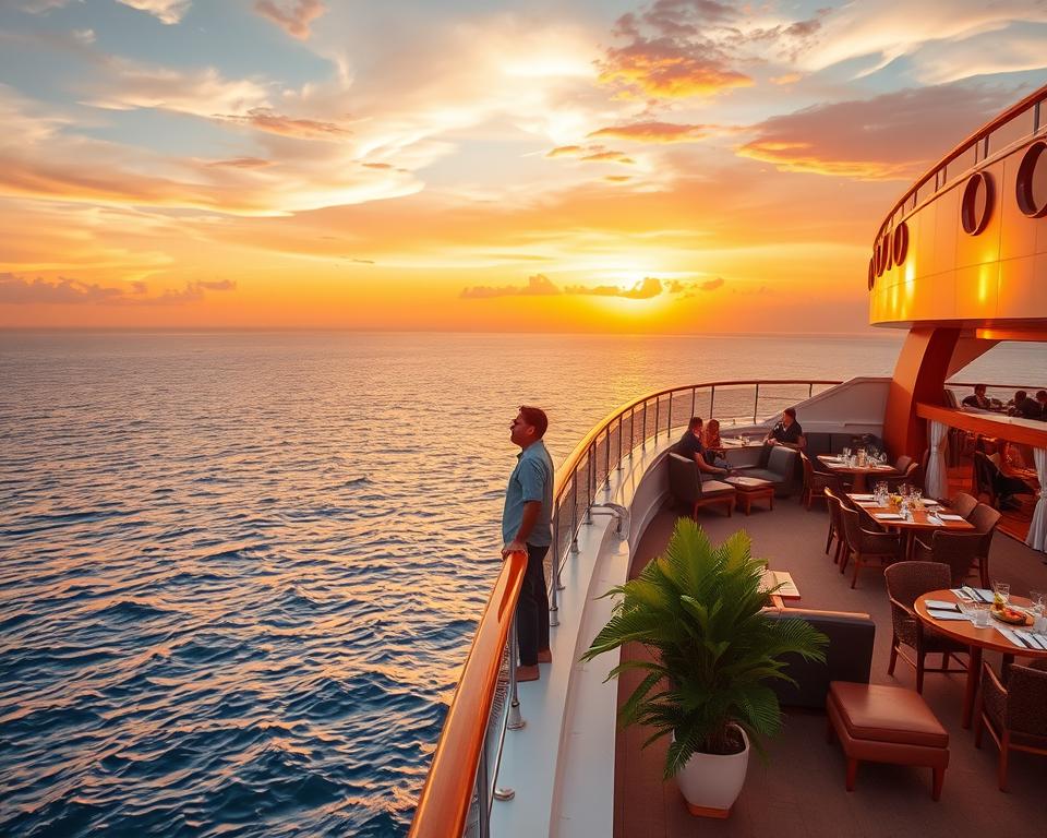 A serene cruise ship gliding over calm blue ocean waters, bathed in warm, golden sunset light. In the foreground, a single traveler stands on the deck, dressed in smart casual attire, gazing out to the horizon with a contemplative expression. Surrounding them are elegant lounge chairs and tropical plants, giving a relaxing ambiance. In the middle ground, the ship’s elegant dining area is visible, with guests enjoying their meals and laughter in the air, hinting at the joy of travel. The background showcases distant islands and a colorful sky transitioning from orange to purple, creating a dreamy atmosphere. The overall mood is tranquil yet hopeful, encapsulating the essence of solo travel adventures without any disturbances.