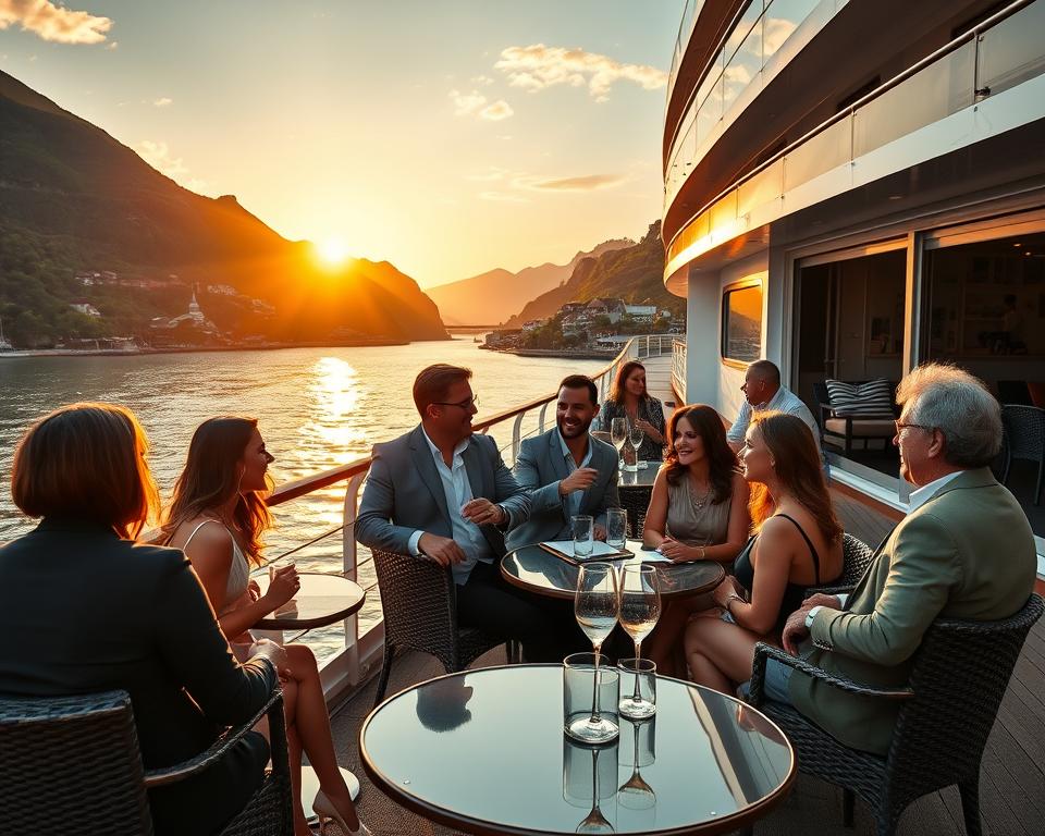 A serene cruise ship gliding through the calm waters of Germany's picturesque coastline, surrounded by lush green landscapes and charming villages. In the foreground, a group of well-dressed singles enjoys a lively conversation at an elegant outdoor café setting on the ship deck, showcasing diverse ethnic backgrounds and ages, all wearing smart casual clothing. The sun sets in the background, casting a warm golden glow over the scene, enhancing the inviting atmosphere. Soft sparkles of light ripple on the water's surface, while the gentle breeze creates a relaxed and joyful mood. The ship's design is modern yet elegant, with large windows and inviting lounges visible in the middle ground. The overall composition evokes a sense of adventure, connection, and enjoyment tailored specifically for single travelers.