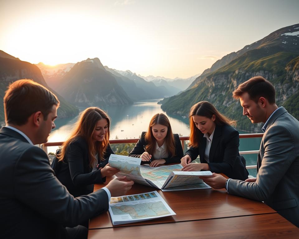 A serene scene capturing the essence of planning a Norwegian fjord cruise. In the foreground, a diverse group of travelers, dressed in professional business attire, attentively reviewing travel brochures and maps on a wooden table. In the middle ground, a panoramic view of majestic fjords, with steep cliffs rising dramatically from calm, reflective waters, dotted with small boats. The background features lush greenery and snow-capped mountains under a soft, golden sunset, casting warm light across the scene. The atmosphere is one of excitement and anticipation, suggesting adventure and exploration. The image should be framed from a slightly elevated angle, showcasing both the group and the breathtaking scenery behind them, with a soft focus on the beautiful landscape to emphasize the planning aspect. A serene scene capturing the essence of planning a Norwegian fjord cruise. In the foreground, a diverse group of travelers, dressed in professional business attire, attentively reviewing travel brochures and maps on a wooden table. In the middle ground, a panoramic view of majestic fjords, with steep cliffs rising dramatically from calm, reflective waters, dotted with small boats. The background features lush greenery and snow-capped mountains under a soft, golden sunset, casting warm light across the scene. The atmosphere is one of excitement and anticipation, suggesting adventure and exploration. The image should be framed from a slightly elevated angle, showcasing both the group and the breathtaking scenery behind them, with a soft focus on the beautiful landscape to emphasize the planning aspect.