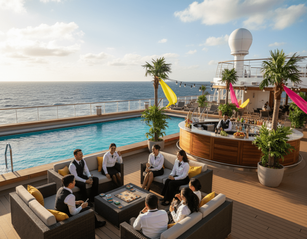 A serene scene depicting life aboard a modern cruise ship. In the foreground, a diverse group of crew members in professional business attire engages in leisure activities, such as chatting and playing games on a sunlit deck with comfortable loungers. The middle ground features various amenities, like a sparkling pool area and a well-stocked bar, surrounded by lush greenery and colorful decorations. In the background, panoramic ocean views stretch endlessly under a clear blue sky, with soft, fluffy clouds. The lighting is warm and inviting, capturing a relaxed atmosphere. The angle is slightly elevated, giving a broad view of the deck and the crew’s friendly interactions, emphasizing camaraderie and life aboard a cruise ship. A serene scene depicting life aboard a modern cruise ship. In the foreground, a diverse group of crew members in professional business attire engages in leisure activities, such as chatting and playing games on a sunlit deck with comfortable loungers. The middle ground features various amenities, like a sparkling pool area and a well-stocked bar, surrounded by lush greenery and colorful decorations. In the background, panoramic ocean views stretch endlessly under a clear blue sky, with soft, fluffy clouds. The lighting is warm and inviting, capturing a relaxed atmosphere. The angle is slightly elevated, giving a broad view of the deck and the crew’s friendly interactions, emphasizing camaraderie and life aboard a cruise ship.