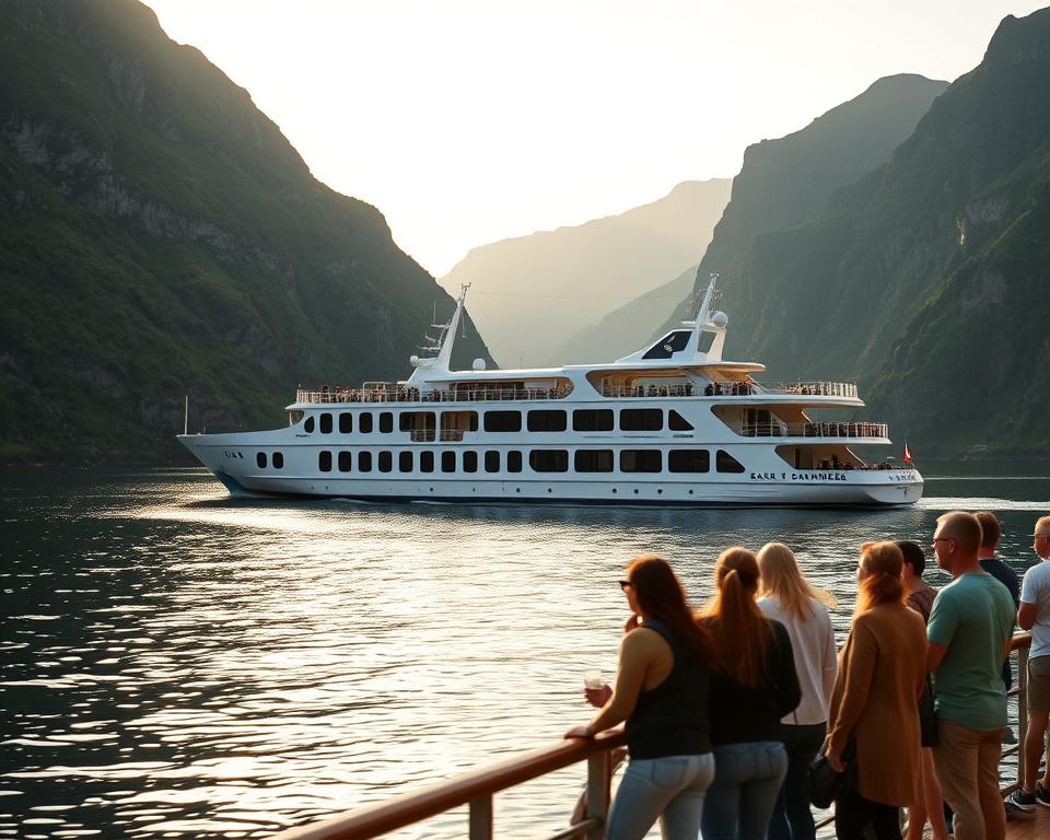 A serene scene of a sustainable cruise ship navigating through the majestic Norwegian fjords, with towering cliffs and lush greenery in the background. In the foreground, a small group of tourists in modest casual clothing are enjoying the view, spreading enjoyment and a sense of eco-friendliness. The soft morning light creates a warm glow on the water's surface, reflecting the vibrant colors of the landscape. The ship is designed with environmentally-friendly features, such as solar panels and a sleek silhouette. The angle captures the ship from a slightly elevated perspective, emphasizing the vastness of the fjord and surrounding nature. Overall, the atmosphere is tranquil and inviting, showcasing sustainable travel amidst Norway’s breathtaking scenery. A serene scene of a sustainable cruise ship navigating through the majestic Norwegian fjords, with towering cliffs and lush greenery in the background. In the foreground, a small group of tourists in modest casual clothing are enjoying the view, spreading enjoyment and a sense of eco-friendliness. The soft morning light creates a warm glow on the water's surface, reflecting the vibrant colors of the landscape. The ship is designed with environmentally-friendly features, such as solar panels and a sleek silhouette. The angle captures the ship from a slightly elevated perspective, emphasizing the vastness of the fjord and surrounding nature. Overall, the atmosphere is tranquil and inviting, showcasing sustainable travel amidst Norway’s breathtaking scenery.