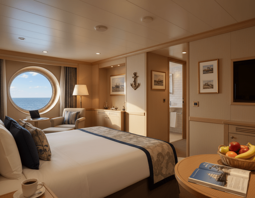 A spacious cruise ship cabin featuring a cozy bed with crisp white linens and decorative pillows. In the foreground, a small wooden table holds a fruit basket and a travel guidebook. To the left, a large round window offers a stunning view of the ocean and blue sky, with soft sunlight filtering through, casting gentle shadows on the walls. The middle space showcases elegant cabin decor, with light wood finishes and maritime-themed artwork. In the background, glimpses of a clean and tidy bathroom area can be seen, emphasizing comfort and practicality. The atmosphere is tranquil and inviting, evoking the feeling of relaxation while working aboard a cruise ship. The overall lighting is warm and soft, enhancing the serene mood of the cabin environment. A spacious cruise ship cabin featuring a cozy bed with crisp white linens and decorative pillows. In the foreground, a small wooden table holds a fruit basket and a travel guidebook. To the left, a large round window offers a stunning view of the ocean and blue sky, with soft sunlight filtering through, casting gentle shadows on the walls. The middle space showcases elegant cabin decor, with light wood finishes and maritime-themed artwork. In the background, glimpses of a clean and tidy bathroom area can be seen, emphasizing comfort and practicality. The atmosphere is tranquil and inviting, evoking the feeling of relaxation while working aboard a cruise ship. The overall lighting is warm and soft, enhancing the serene mood of the cabin environment.