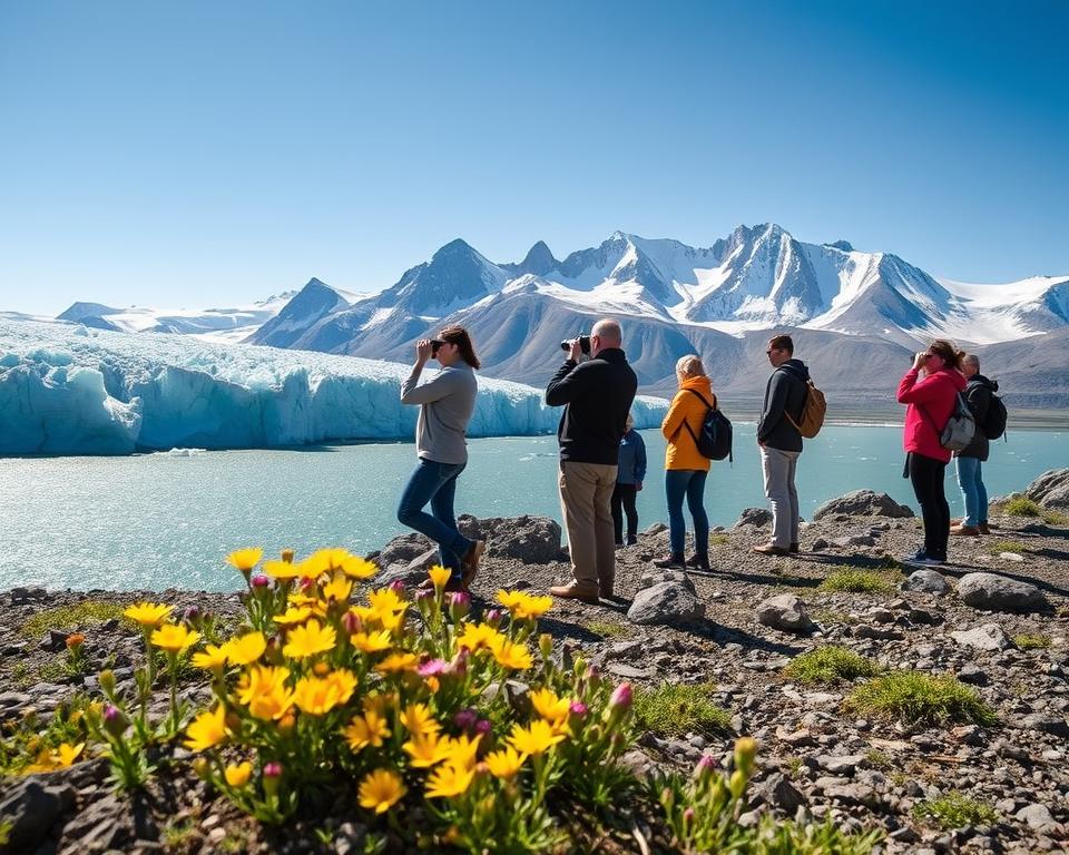 A stunning Arctic landscape during the peak of summer in Svalbard, showcasing the unique seasonal features of Spitzbergen. In the foreground, scattered wildflowers bloom vibrantly on the rocky terrain, reflecting the short but intense arctic summer. In the middle ground, a group of tourists in modest casual clothing, equipped with binoculars and cameras, are observing the majestic glacier as it calvins into the sparkling blue sea. In the background, towering snow-capped mountains rise dramatically against a clear blue sky, highlighting the contrasts of warm sunlight and cold ice. Soft, diffused lighting creates a serene atmosphere, with gentle shadows enhancing the textures of the landscape. The image captures a moment of awe and adventure, ideal for illustrating the best time to explore the breathtaking beauty of Spitzbergen on a cruise.
