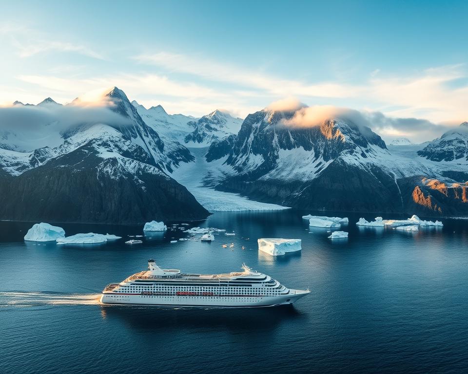 A stunning aerial view of the majestic Spitzbergen archipelago, showcasing rugged, snow-capped mountains and deep, blue fjords. In the foreground, a cruise ship navigates icy waters, its sleek design contrasting with the surreal landscape. The middle ground features glacial formations and floating icebergs, illuminated by soft, golden sunlight that casts gentle reflections on the water's surface. In the background, towering cliffs rise dramatically, partially shrouded in wispy clouds, enhancing the sense of vastness. The atmosphere is tranquil yet awe-inspiring, perfect for capturing the breathtaking beauty of Arctic exploration. The image should evoke a sense of adventure and serenity in this remote wilderness, emphasizing the allure of discovering Spitzbergen's natural wonders. Bright colors in the landscape further enrich the overall composition while maintaining clarity and precision in detail.