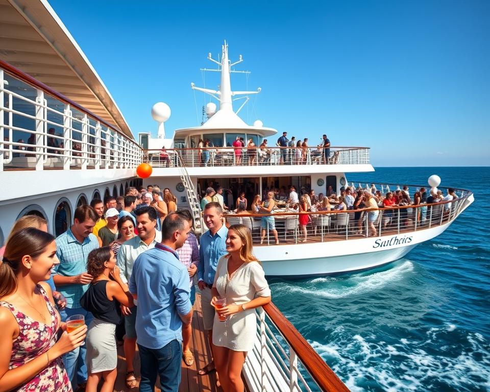 A vibrant cruise ship anchored in a serene ocean setting, designed specifically for singles seeking adventure and connection. In the foreground, diverse individuals of various ages and ethnicities, dressed in smart casual attire, engage in friendly conversation while enjoying refreshments on the ship's deck. The middle ground features the ship's amenities, such as a lively dining area and an inviting lounge, with more guests mingling and participating in organized activities. In the background, gentle waves and a clear blue sky create a tranquil atmosphere. The scene is illuminated by warm, natural sunlight, enhancing the inviting mood. Capture this moment from a slightly elevated angle to emphasize the sense of community and excitement surrounding the experience.