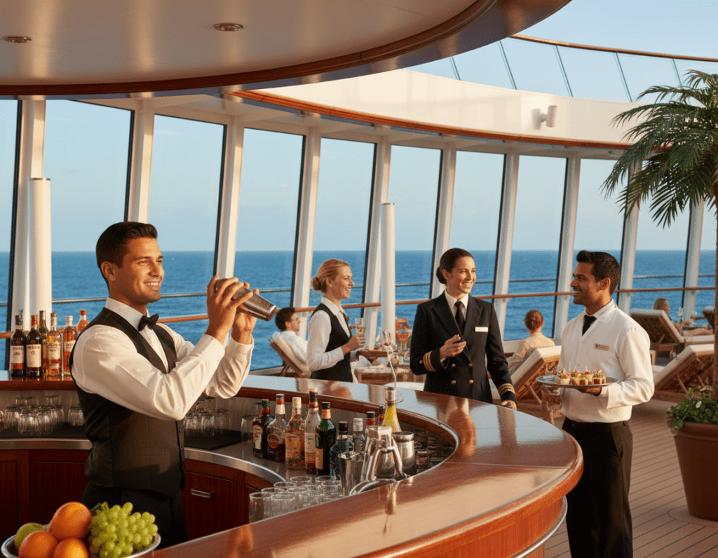 A vibrant scene aboard a luxurious cruise ship, showcasing various popular job roles. In the foreground, a smiling bartender in professional attire skillfully mixes drinks at a polished bar. In the middle, a friendly cruise director engages with guests, discussing activities, while a waiter carries a tray of elegant appetizers. The background features panoramic windows revealing a stunning ocean view under a bright blue sky, with a few guests relaxing on deck chairs. Soft, warm lighting creates an inviting atmosphere, emphasizing teamwork and a lively work environment. The scene captures a sense of adventure and hospitality, perfect for illustrating careers on cruise ships. A vibrant scene aboard a luxurious cruise ship, showcasing various popular job roles. In the foreground, a smiling bartender in professional attire skillfully mixes drinks at a polished bar. In the middle, a friendly cruise director engages with guests, discussing activities, while a waiter carries a tray of elegant appetizers. The background features panoramic windows revealing a stunning ocean view under a bright blue sky, with a few guests relaxing on deck chairs. Soft, warm lighting creates an inviting atmosphere, emphasizing teamwork and a lively work environment. The scene captures a sense of adventure and hospitality, perfect for illustrating careers on cruise ships.