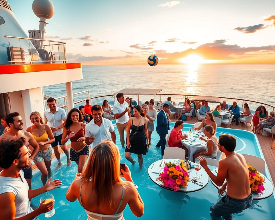 A vibrant scene aboard a luxury cruise ship showcasing a lively social atmosphere for singles. In the foreground, a group of diverse adults, wearing smart casual attire, are engaged in a spirited game of outdoor pool volleyball, laughter and excitement in their expressions. In the middle ground, an elegantly set dining area with people socializing over drinks and enjoying fine cuisine, surrounded by colorful floral arrangements. The background features sweeping ocean views at sunset, with golden and purple hues reflecting off the water, enhancing the sense of adventure and connection. The image is bright and inviting, evoking a sense of joy and community, shot with a wide-angle lens to capture the dynamic environment and sense of space.