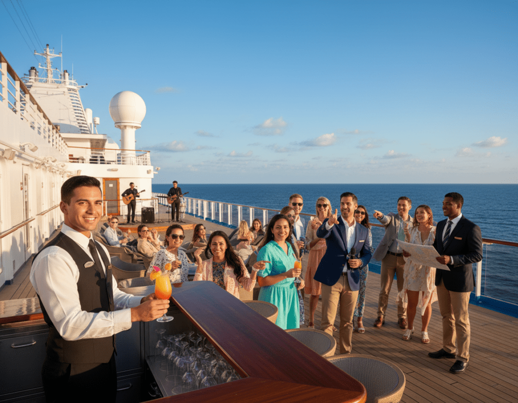 A vibrant scene depicting a bustling cruise ship environment, showcasing various job roles on board. In the foreground, a cheerful, professionally dressed hospitality staff member serving drinks to passengers at a sunlit deck bar. The middle ground features an attentive engaging cruise director conducting an informative tour for a diverse group of excited guests, highlighting multicultural teamwork. The background reveals the gleaming ocean and a bright blue sky, with the ship’s majestic structure visible. The lighting is warm and inviting, emphasizing a lively and dynamic atmosphere. Capture the essence of teamwork and professionalism in the cruise industry, showcasing interaction and service among crew members and guests. A vibrant scene depicting a bustling cruise ship environment, showcasing various job roles on board. In the foreground, a cheerful, professionally dressed hospitality staff member serving drinks to passengers at a sunlit deck bar. The middle ground features an attentive engaging cruise director conducting an informative tour for a diverse group of excited guests, highlighting multicultural teamwork. The background reveals the gleaming ocean and a bright blue sky, with the ship’s majestic structure visible. The lighting is warm and inviting, emphasizing a lively and dynamic atmosphere. Capture the essence of teamwork and professionalism in the cruise industry, showcasing interaction and service among crew members and guests.