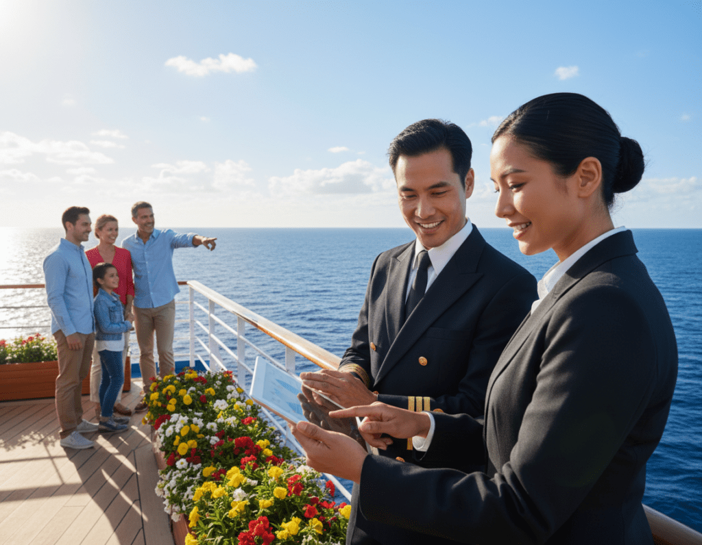 A vibrant scene depicting a diverse group of professionals working on the deck of a luxurious cruise ship, set against a stunning ocean backdrop. In the foreground, a person in smart casual attire reviews a tablet, with a focused expression, showcasing teamwork and ambition. To the side, another individual in a crisp uniform engages with a family of tourists, exemplifying hospitality and service. In the middle ground, the ship's railing is adorned with potted plants, evoking a relaxed atmosphere. Beyond, the expansive sea glistens under the warm sun, with a clear blue sky dotted with soft, white clouds, enhancing the tranquil yet productive environment. The mood is uplifting and positive, capturing the essence of working at sea. A vibrant scene depicting a diverse group of professionals working on the deck of a luxurious cruise ship, set against a stunning ocean backdrop. In the foreground, a person in smart casual attire reviews a tablet, with a focused expression, showcasing teamwork and ambition. To the side, another individual in a crisp uniform engages with a family of tourists, exemplifying hospitality and service. In the middle ground, the ship's railing is adorned with potted plants, evoking a relaxed atmosphere. Beyond, the expansive sea glistens under the warm sun, with a clear blue sky dotted with soft, white clouds, enhancing the tranquil yet productive environment. The mood is uplifting and positive, capturing the essence of working at sea.
