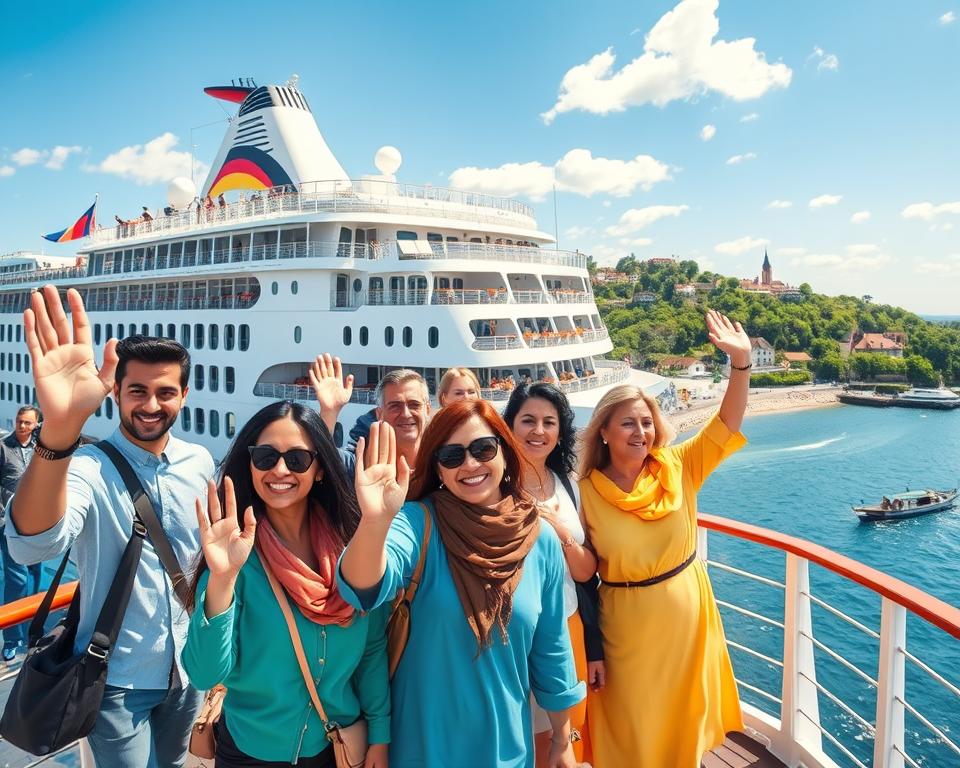 A vibrant scene of a cruise ship departing from a bustling German port, emphasizing the excitement of solo travel. In the foreground, a group of diverse singles in stylish, modest clothing waves enthusiastically, showcasing their excitement for the journey ahead. The middle layer features the grand cruise ship, adorned with colorful flags, while passengers mingle on deck, enjoying panoramic views of the ocean. In the background, the shoreline of Germany is visible, with charming seaside architecture and lush greenery under a bright blue sky, conveying a sunny, cheerful atmosphere. The image is captured in bright, natural lighting, with a wide-angle lens to emphasize the grandeur of the ship and the beauty of the destination. The overall mood is adventurous and inviting, perfect for inspiring solo travelers.